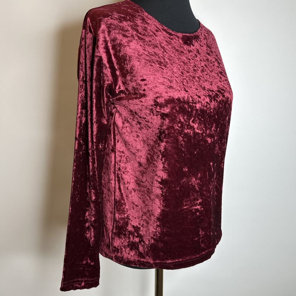 Vintage 90s Y2K Crushed Velvet Top M Burgundy Long Sleeve Fairy Grunge Goth - Picture 5 of 9
